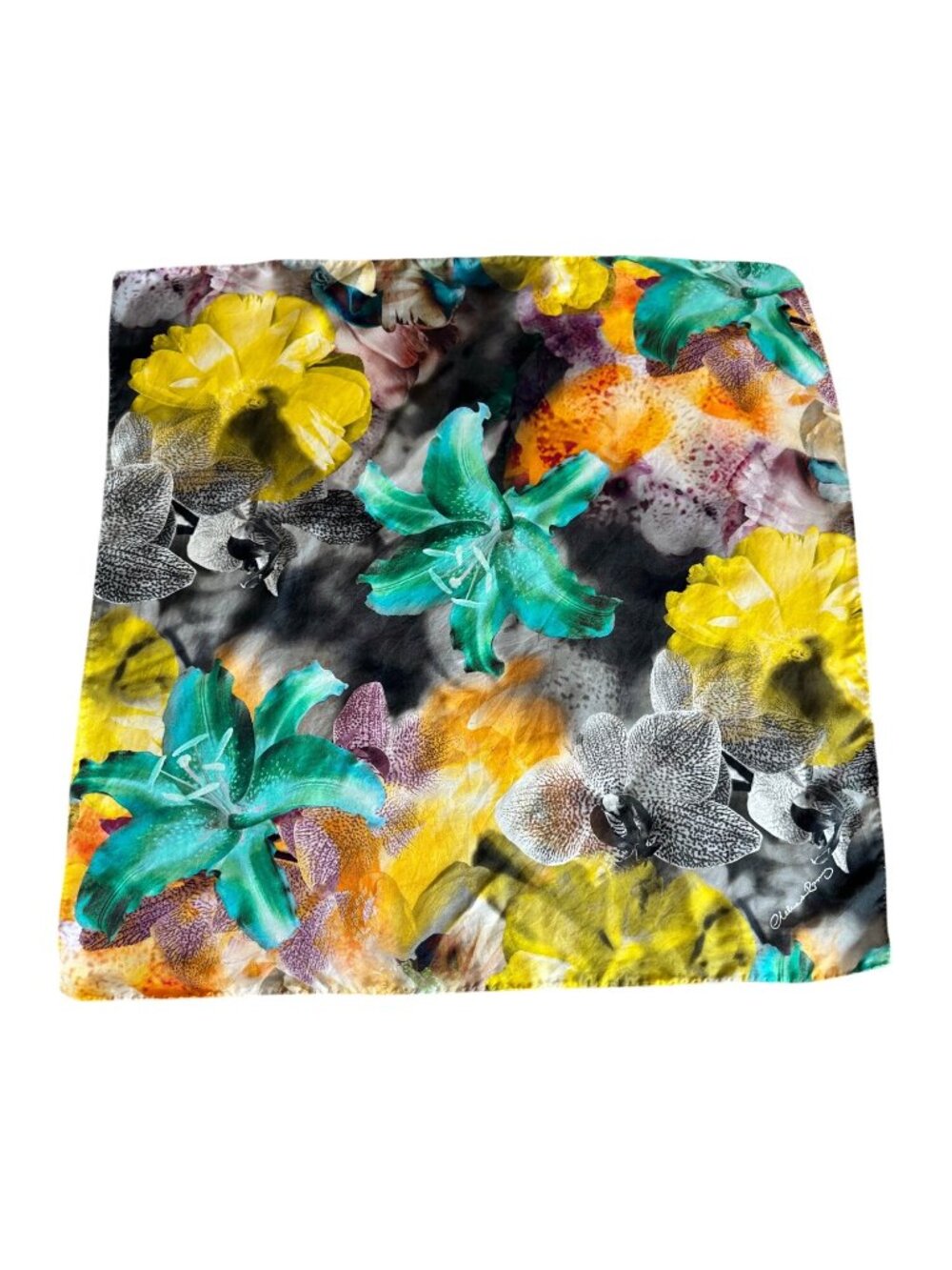Clelia & Romy 100% Silk Scarf Floral Pattern Multicolor Orchids Square